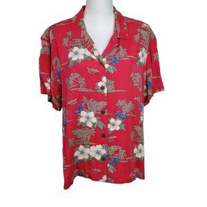 Island Traders Shirt Womens Size XXL Red Button Floral Short Sleeve Tropical